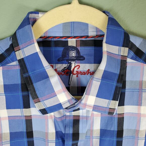 Robert Graham Blue Classic Fit Plaid Button Front Short Sleeve Shirt Size Medium - Picture 3 of 6